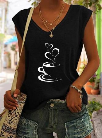 Coffee Heart Print V-Neck Tank Top