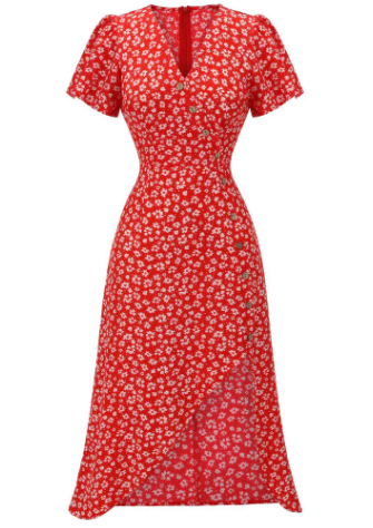 Floral V-Neck Added Button Dress